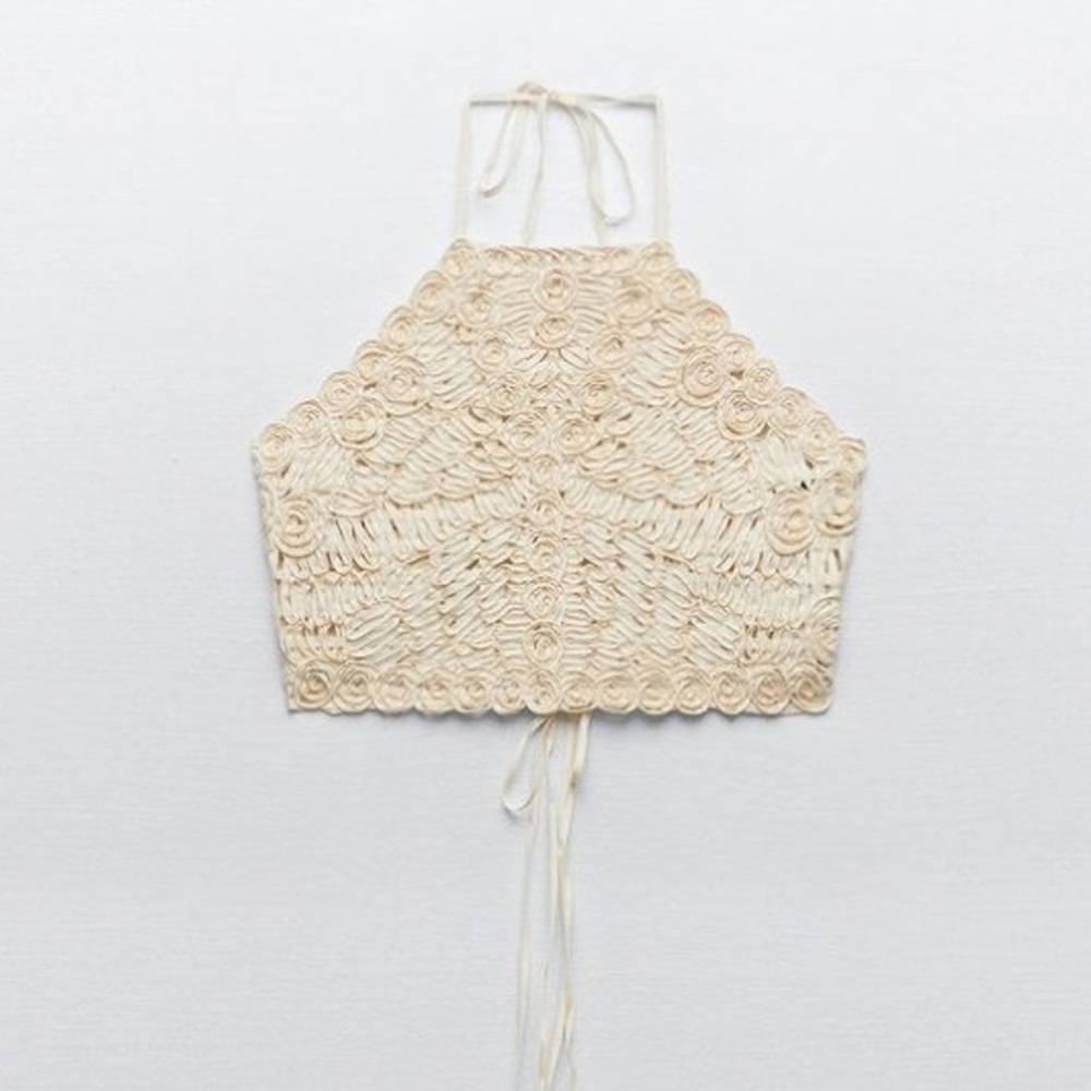NWT Zara Rosette Crochet Halter Crop Top Cream Tie Back 5039/456 NWT Size S